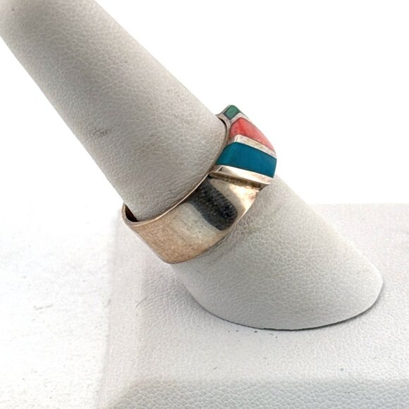 Estate Sterling Silver 925 Multi-Stone Inlay Ring Blue Green Orange Band Sz 8.5 - Picture 2 of 8